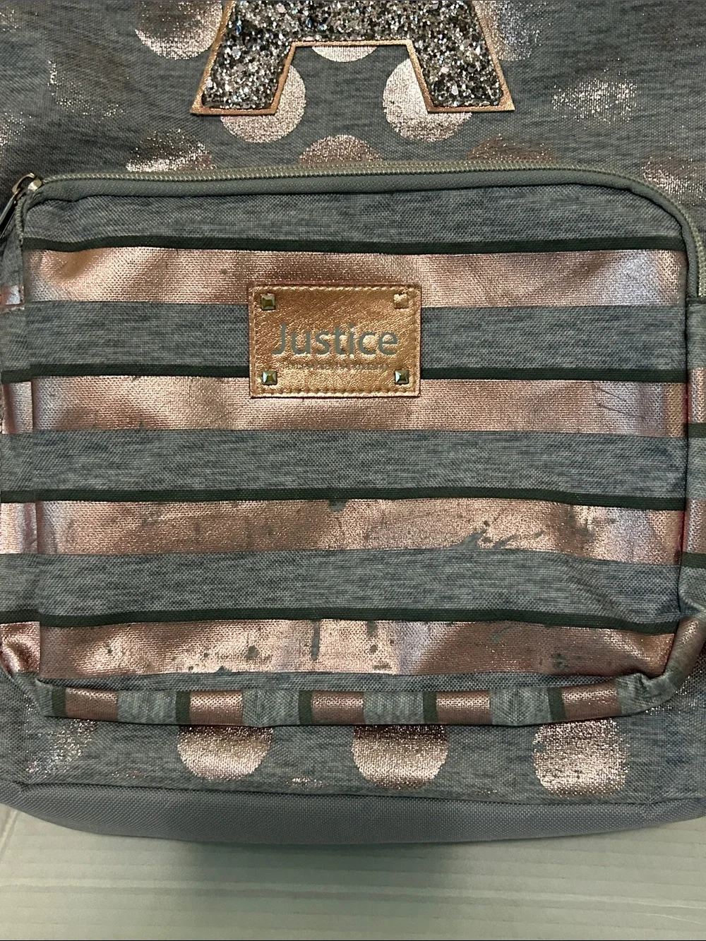 Justice ‘A’ Glitter Gray Backpack & Lunchbox Set with Rose Gold Polka Dots